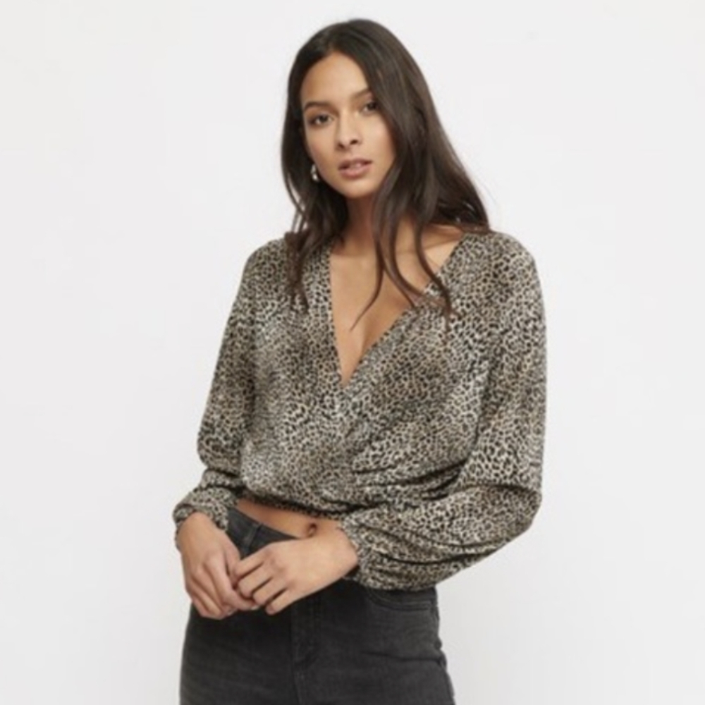 Dynamite Cropped Animal Print Silky Wrap Top Blouse